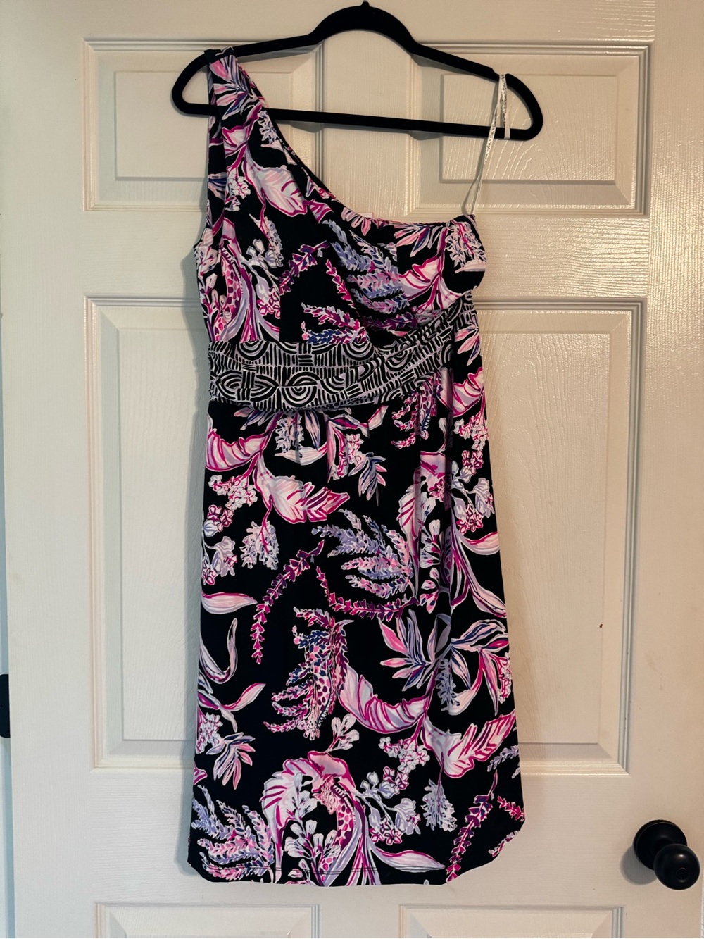 Lilly Pulitzer Black One-Shoulder Floral Dress with Pink Accents
